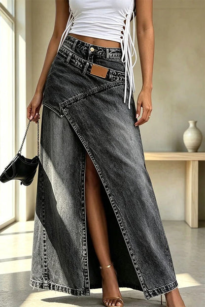 A Stylishly Layered Look Washed Denim High Rise Slit Maxi Skirt