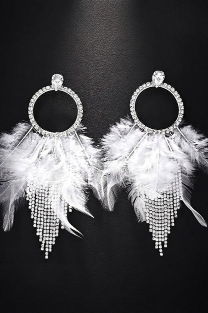Rhinestone and Feather Tassel Earrings