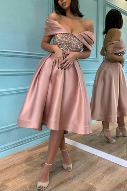 Off Shoulder Sequin Corset Bodice Pleated Satin Cocktail Dress