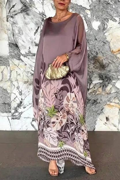 Batwing Sleeve Tropical Leaf Print Kaftan Maxi Dress Loose Cover Up Vacation Gown