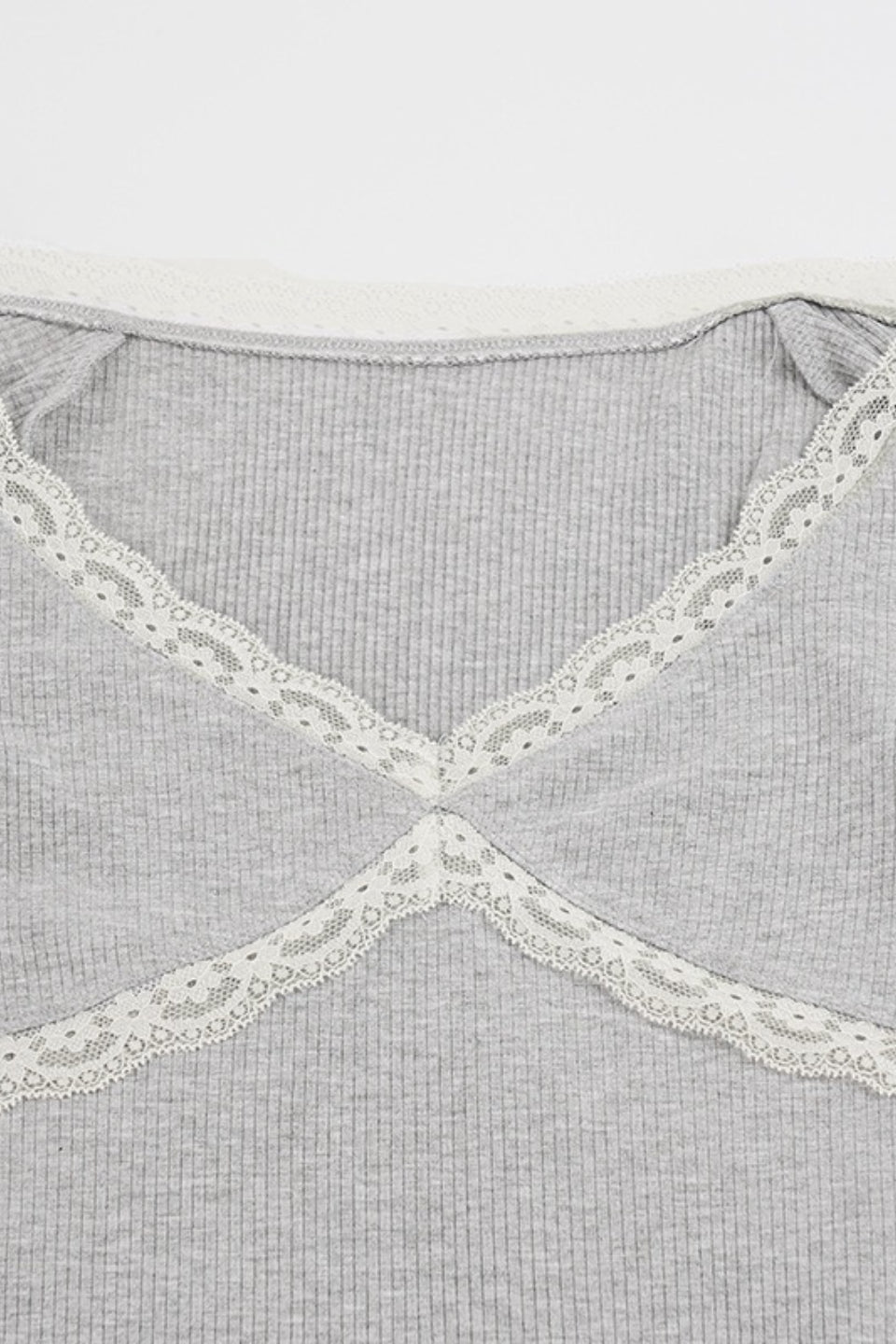 Lace Trim Deep V Ribbed Long Sleeve Tee