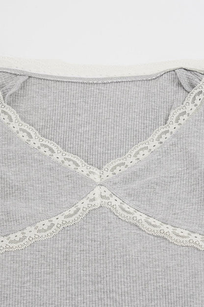 Lace Trim Deep V Ribbed Long Sleeve Tee