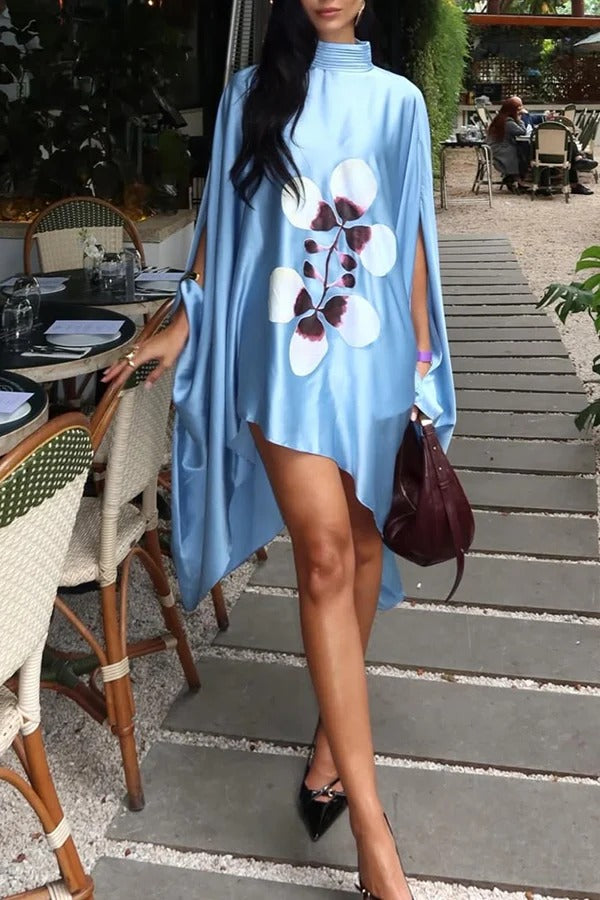 Luisa Satin Floral Print Pleated High-neck Batwing Cutout Sleeve Loose Cape Mini Dress