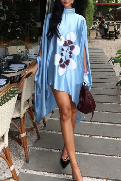 Luisa Satin Floral Print Pleated High-neck Batwing Cutout Sleeve Loose Cape Mini Dress