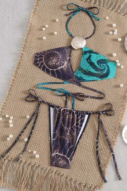 Metal Halter Blue Brown Color Block Bikini Set