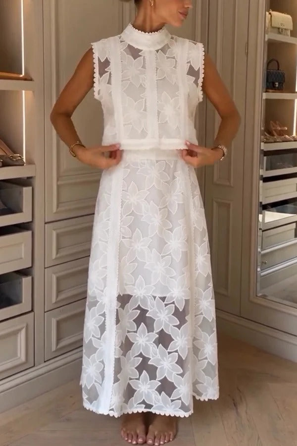 Cindy Floral Mesh Lace Embroidered High Neck Top and Elastic Waist Flare Midi Skirt Set