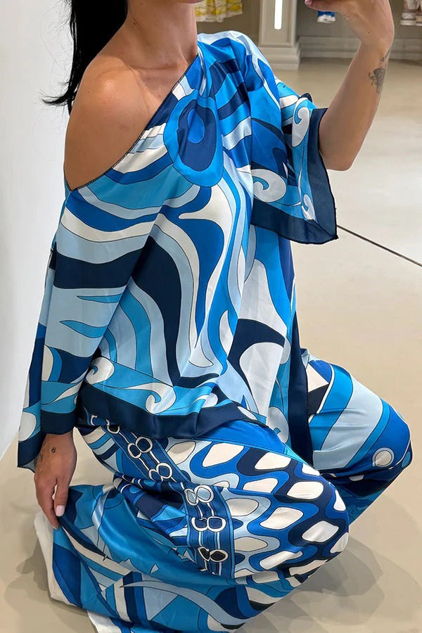 Luxe Resort Satin Unique Print Cape-style Top and Elastic Waist Pocket Wide Leg Pants Set
