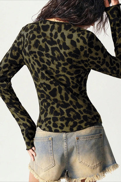 Leopard Print Mesh Button Front Crop Top