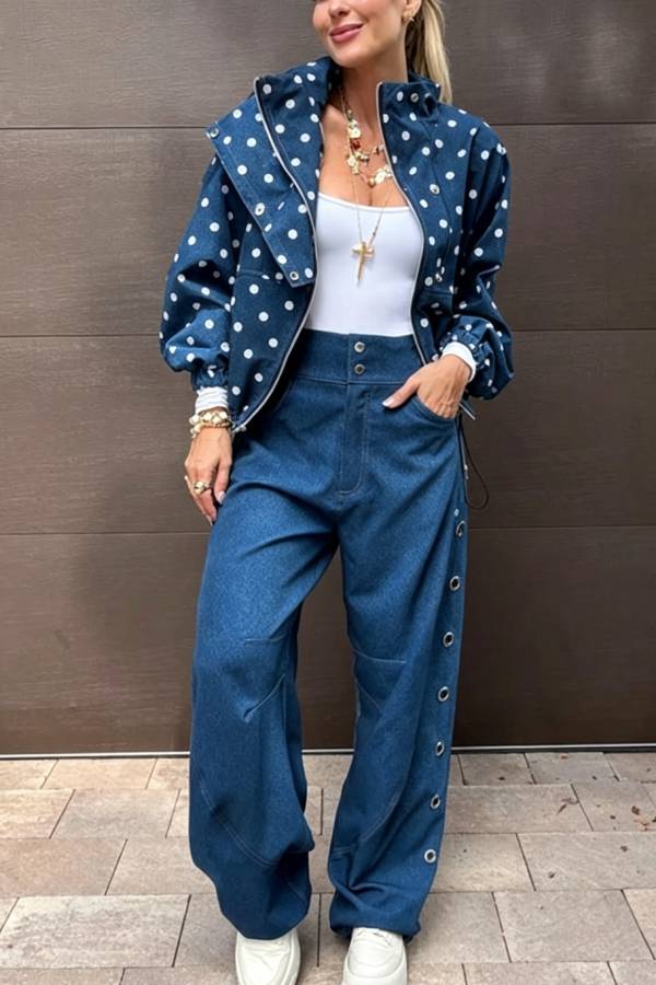 Kadence Denim Side Metal Hollow Ring Detail Pocket Lantern Pants