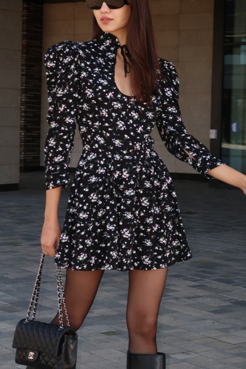 Stand Collar Tie Waist A Line Floral Dress