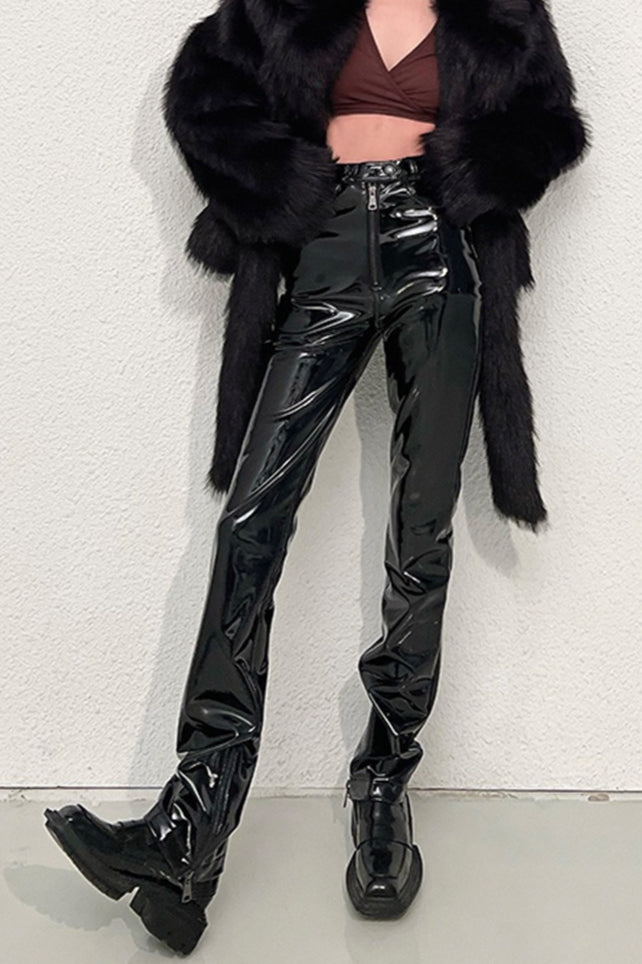 High Shine PU Leather Slim Straight Pants