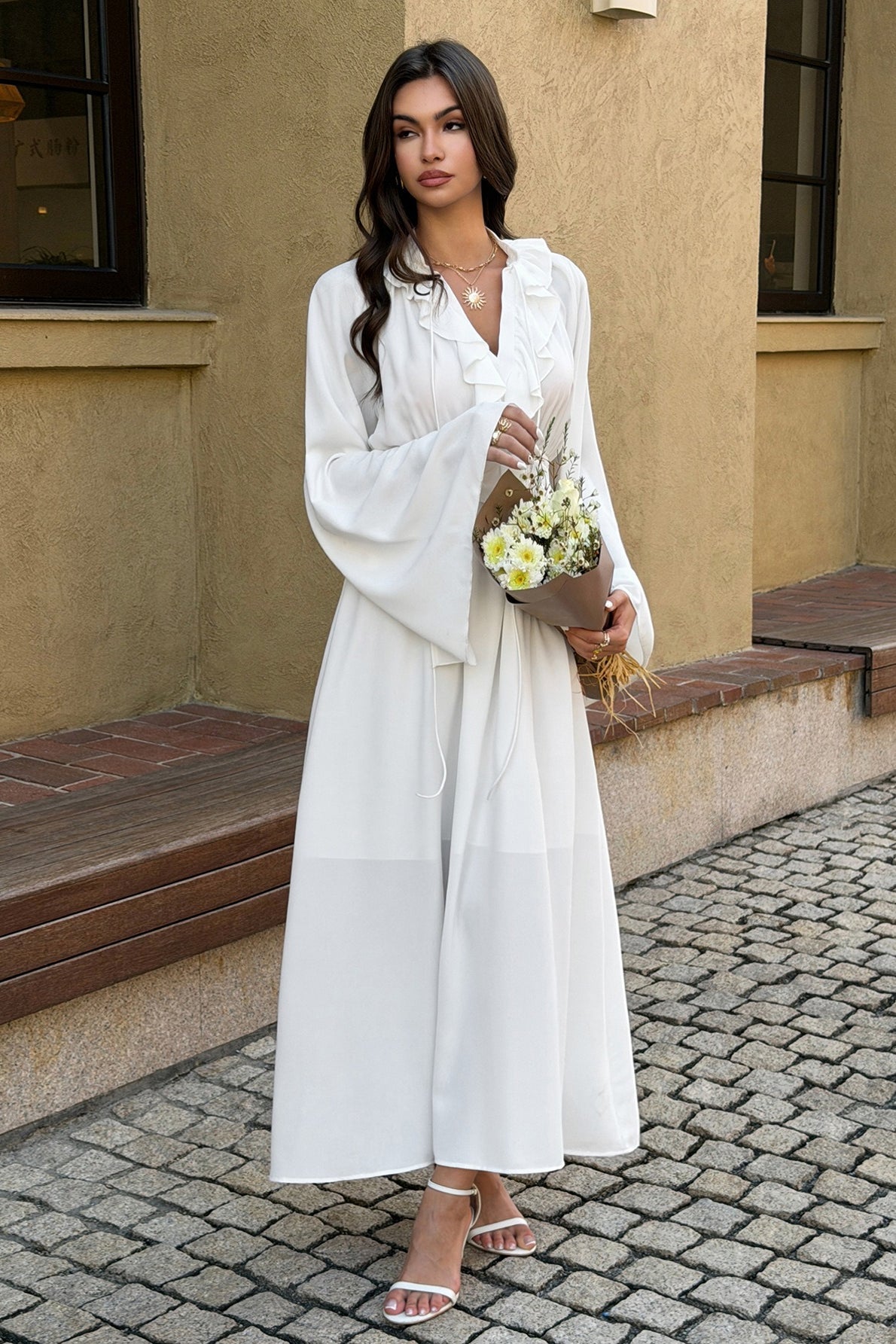 High Waist V Neck Long Sleeve Elegant Maxi Dress