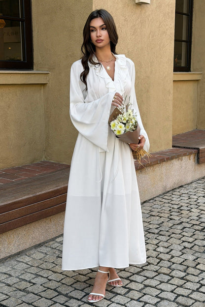 High Waist V Neck Long Sleeve Elegant Maxi Dress