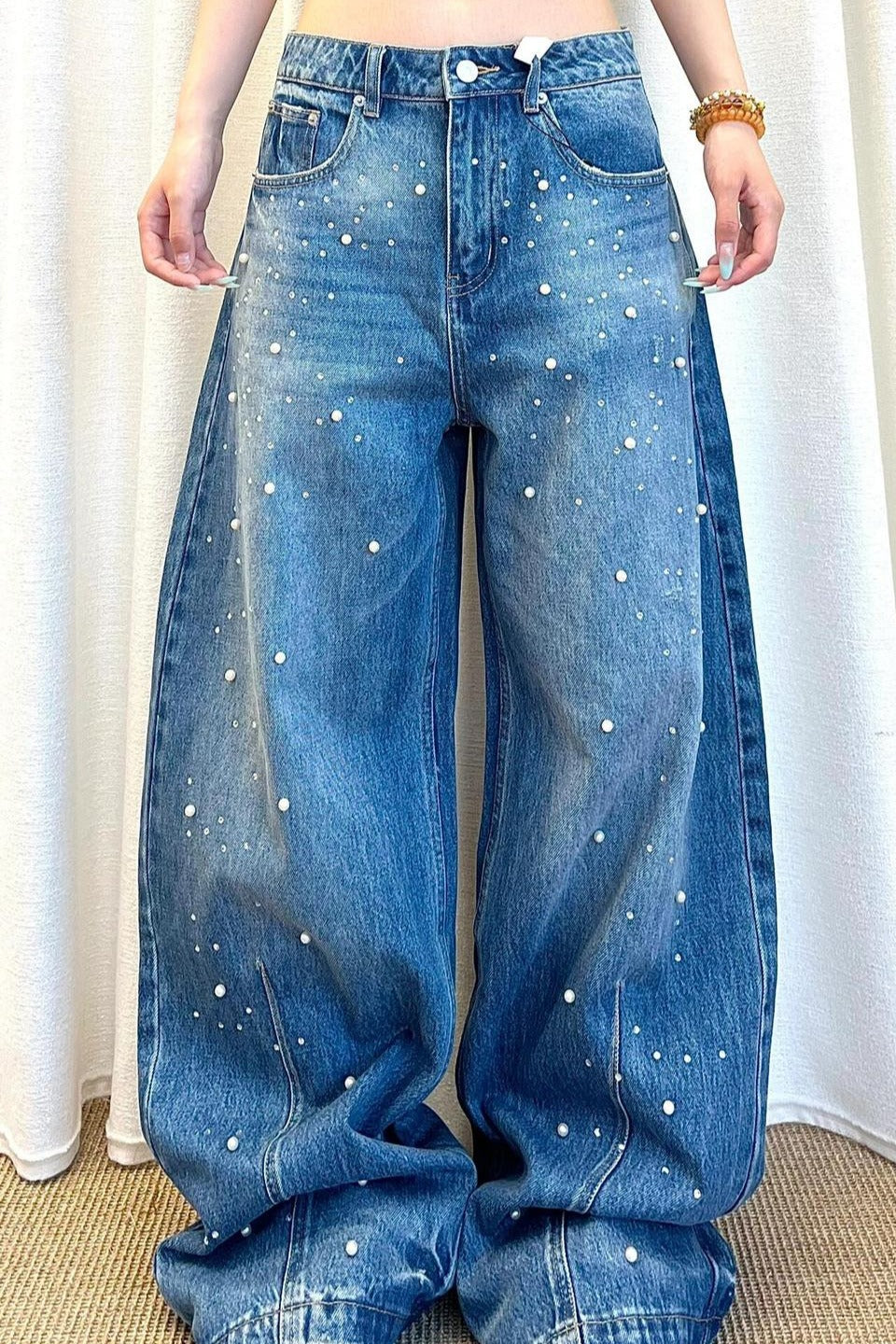 Pearl Embellished High Waisted Wide Leg Jeans