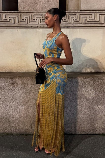 Printed Fringe Patchwork Boho Dress