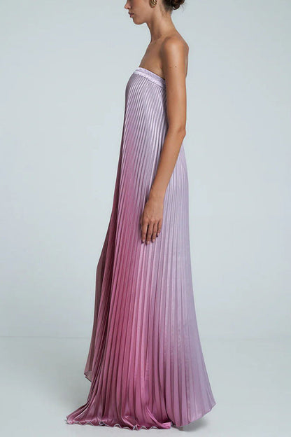 Satin Pleated Strapless Column Maxi Dress