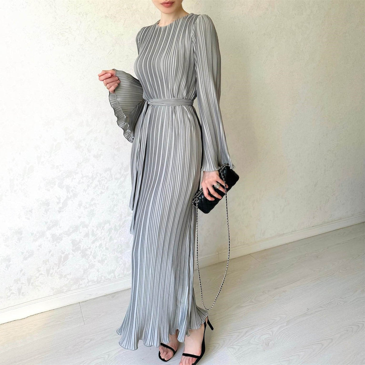 Micro Pleated Crew Neck Tie Belt Bell Sleeve Maxi Dress