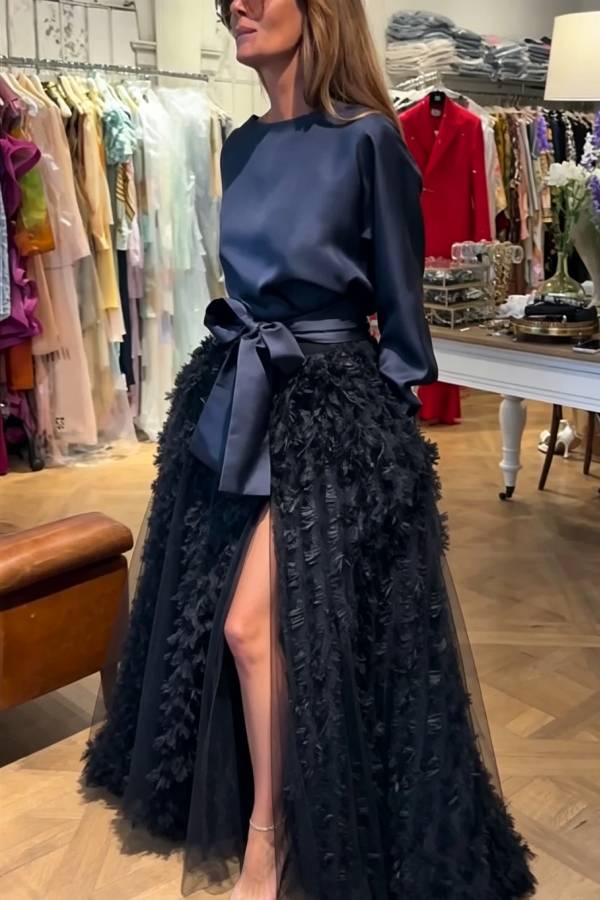 Elegant Diary Satin Boat Neck Long Sleeve Tie-up Waist Blouse