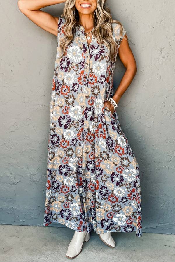 Sky Blue Floral Sleeveless Pocketed Wide Leg Jumpsuit