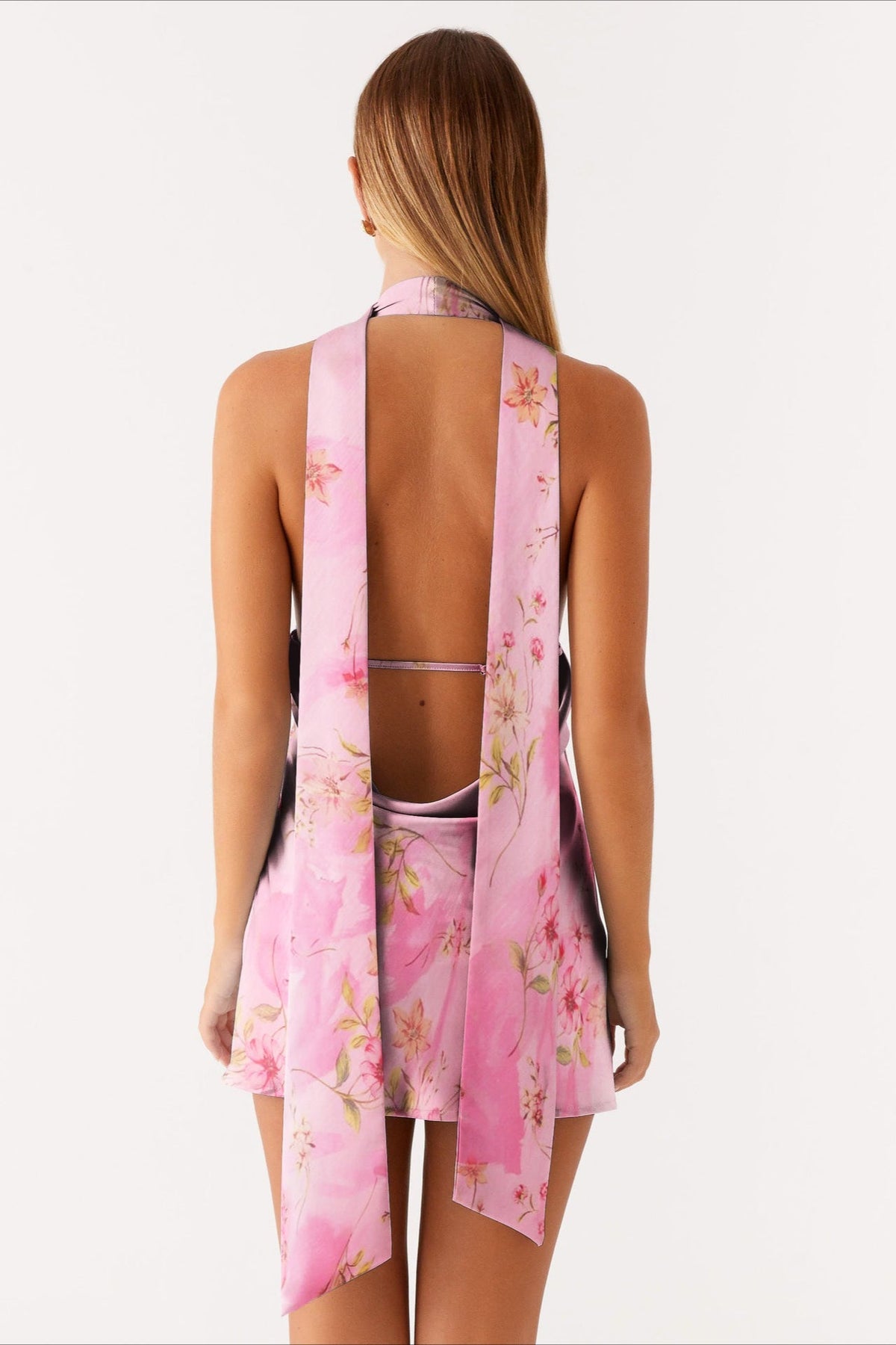 Deep V Neck Backless Tie Detail Mini Floral Dress