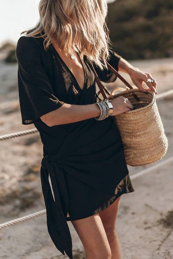 Easy Breezy Cotton Linen Blend Knotted Wrap Mini Dress