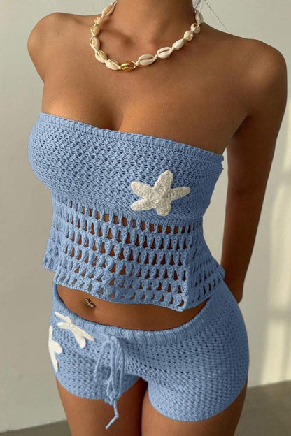 Floral Knit Crochet Crop Bodycon Shorts Set