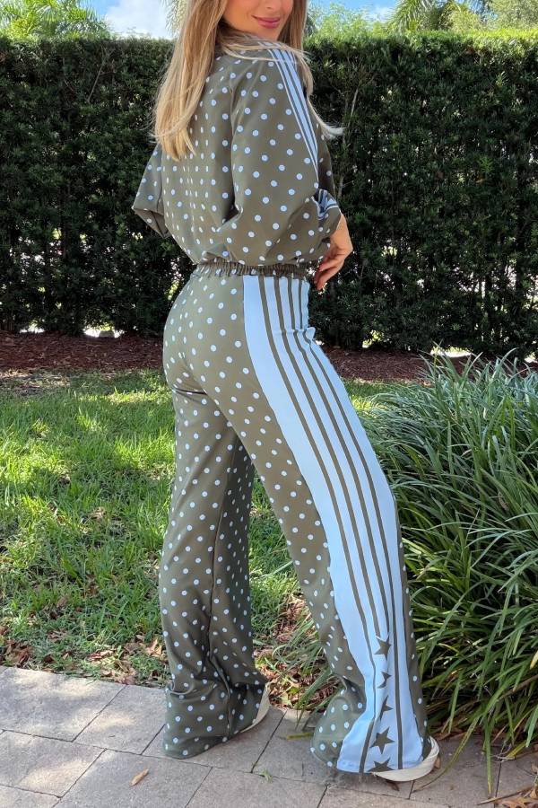 Lucienne Polka Dot Striped Star Print Zipper High Neck Pocket Sporty Jacket