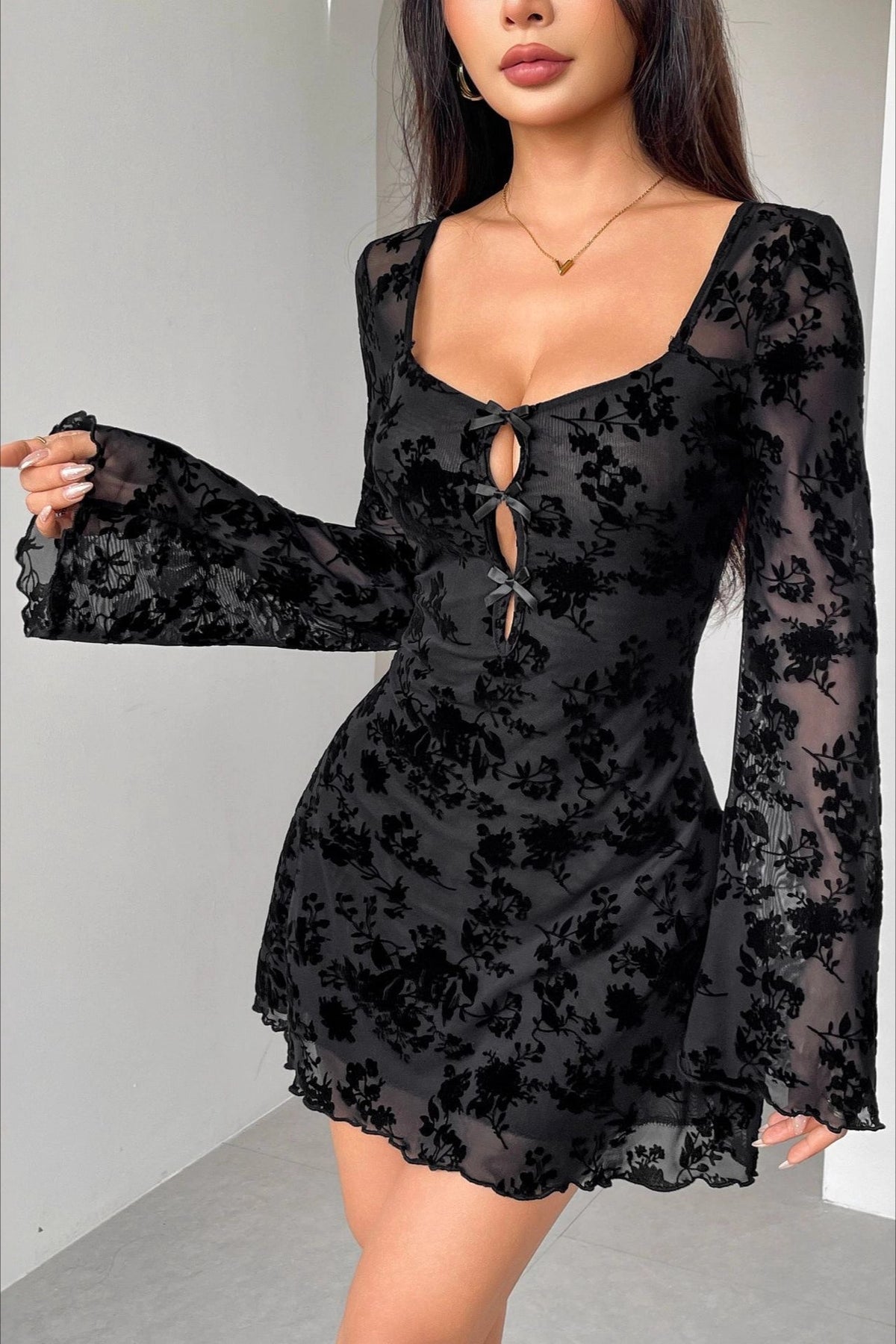 Flocked Floral Cutout Bow Long Sleeve Floral Dress