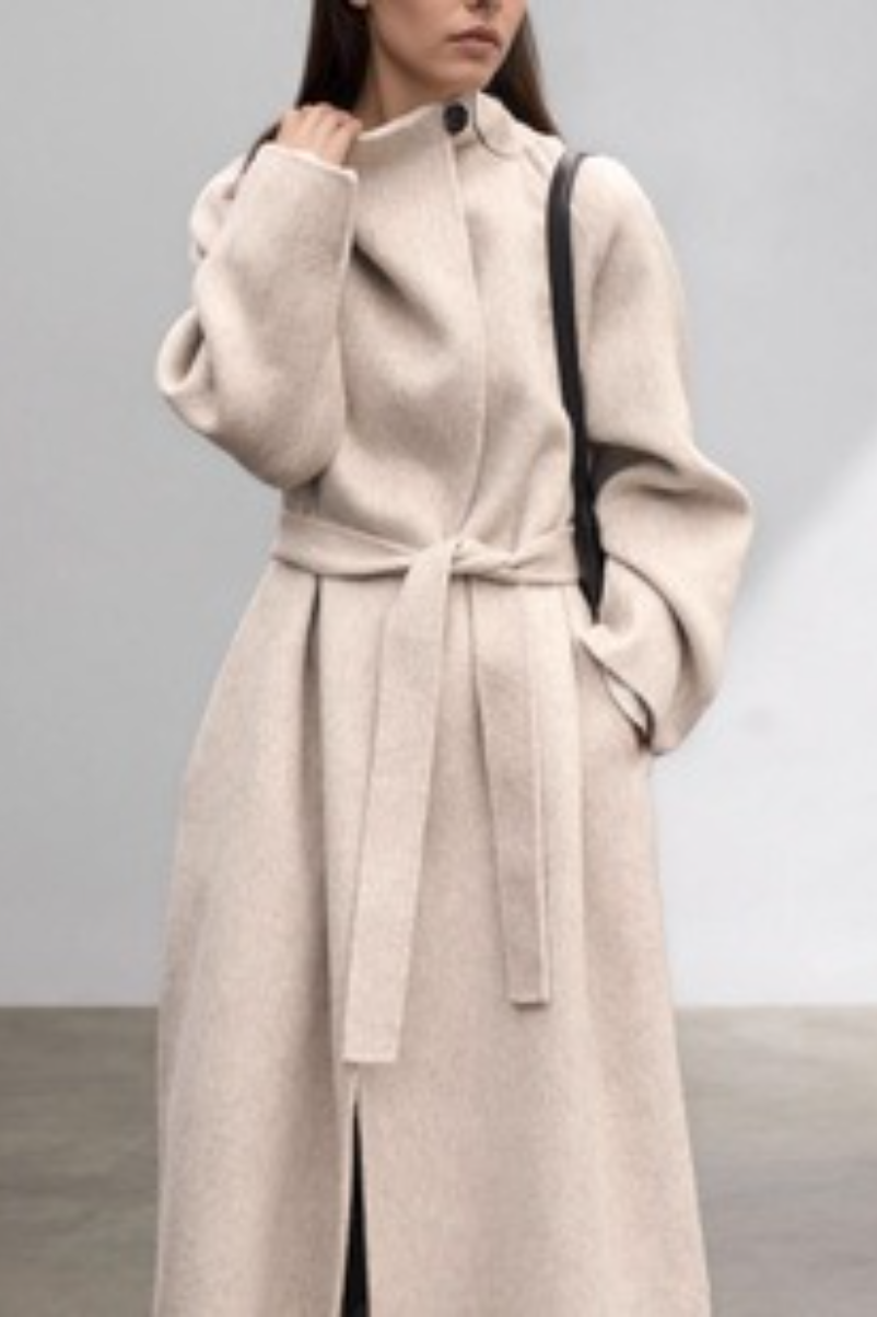 Hepburn Wool Diagonal Button Collar Tied Waist Overcoat