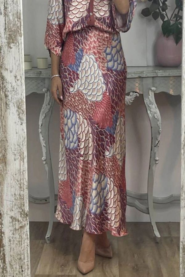 Satin Floral Print V-neck Half-sleeve Loose Top and Elegant Maxi Skirt Set
