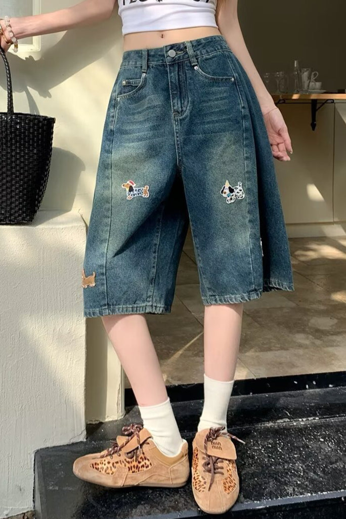 Embroidered High Waist Wide Leg Casual Shorts