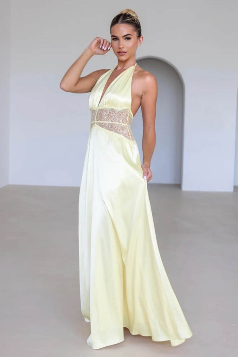 Deep V Halter Satin Slip Prom Dress