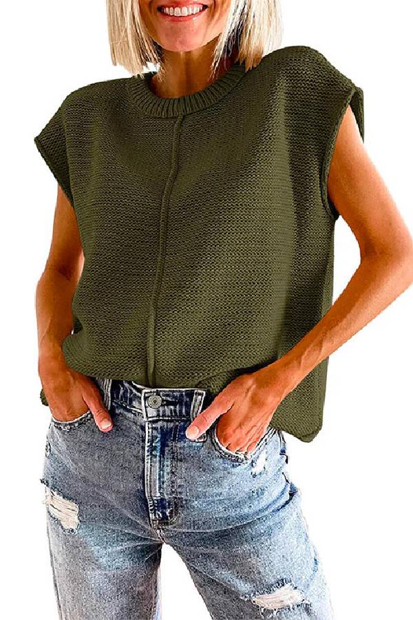 Crewneck Cap Sleeves Pullover Sweater