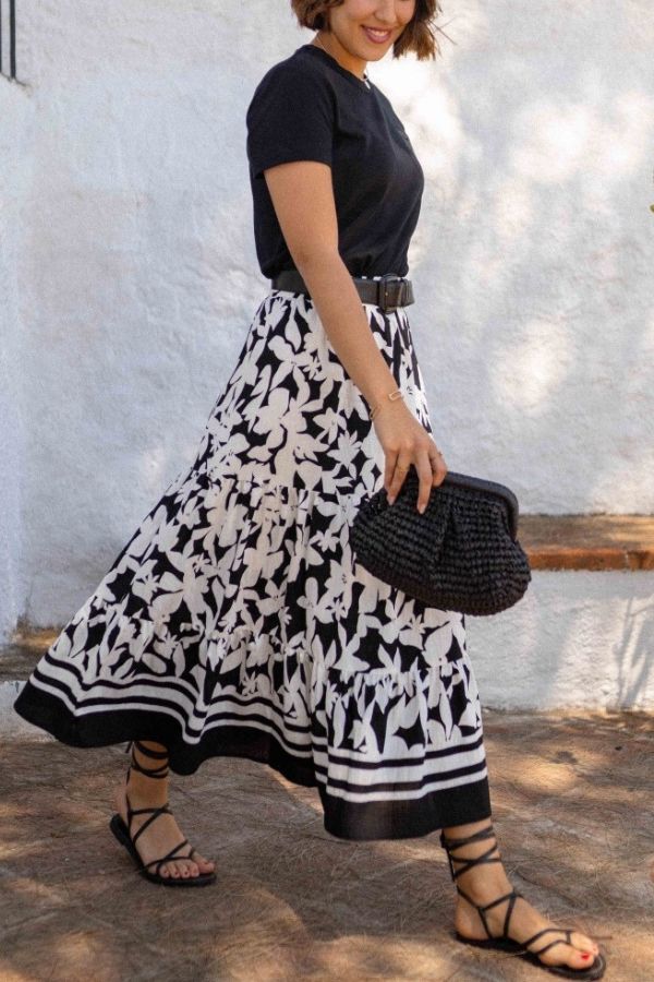 Resort Style Botanical Print Elastic Waist Loose Stitching Midi Skirt