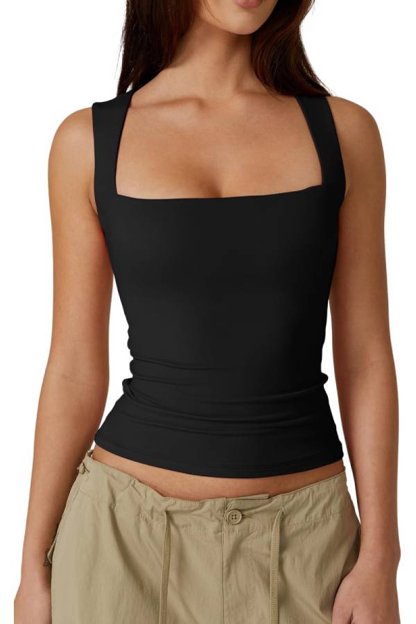 Black Square Neck Slim Fit Vest