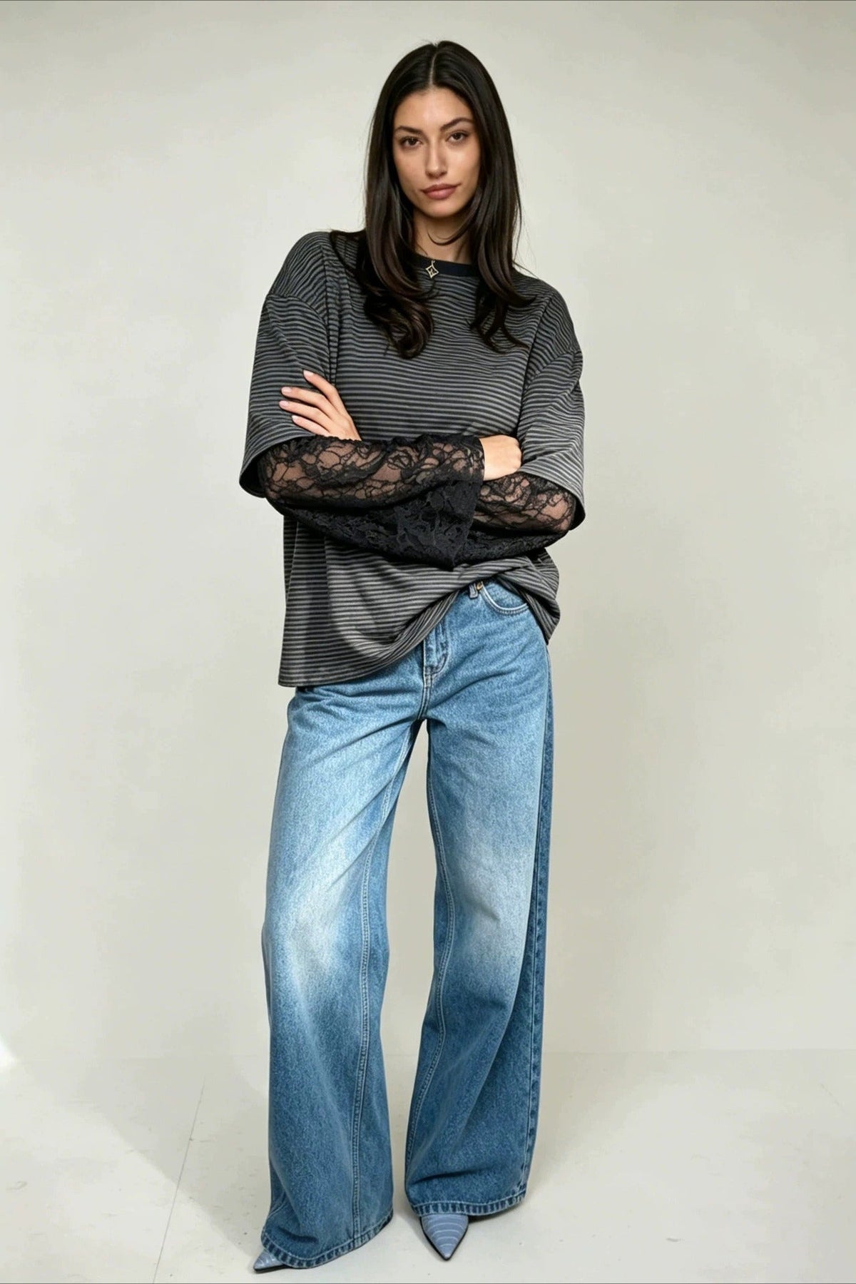 Lace Sleeve Striped Layered Tee