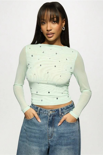 Printed Slim Mesh Sheer Cutout Long Sleeve Crop Top