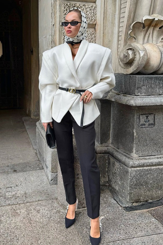 White Wool Blend Belted Trench Coat