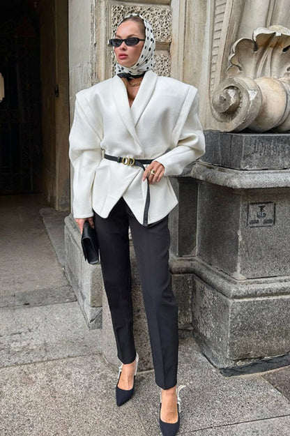 White Wool Blend Belted Trench Coat