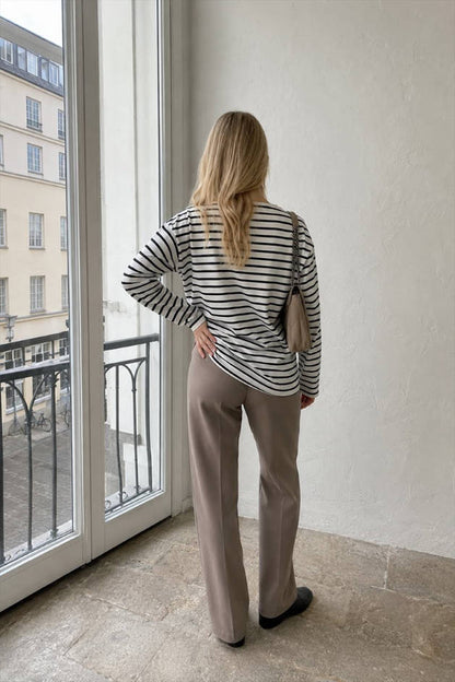 Cotton Striped Crew Neck Long Sleeve Tee