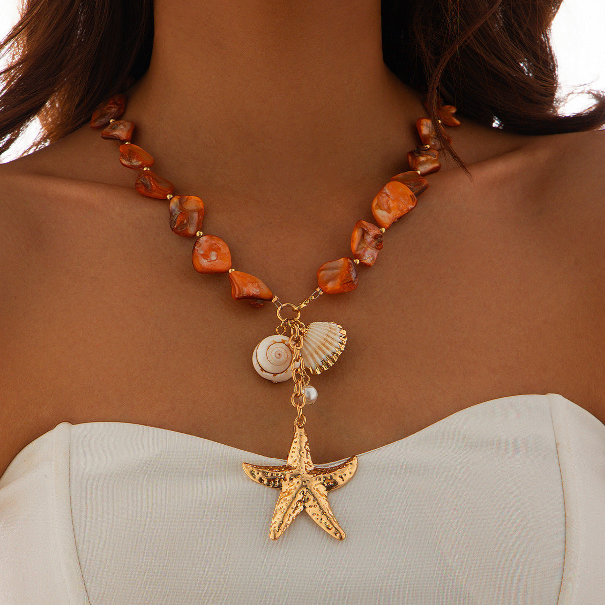 Boho Natural Seashell Starfish Pendant Choker Ocean Vacation Layering Necklace
