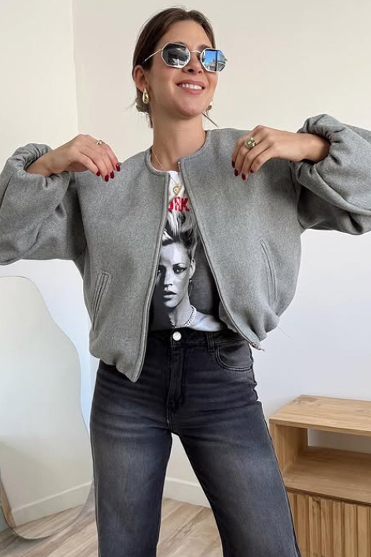 Soft Cropped Crew Neck Bomber Jacket