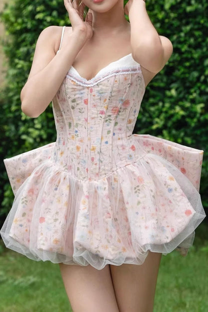 Ruched Corset Bow A Line Mini Floral Dress