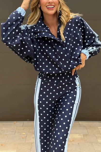 Lucienne Polka Dot Striped Star Print Zipper High Neck Pocket Sporty Jacket