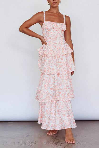 Floral Square Neck Cami Tiered Ruffle Maxi Dress
