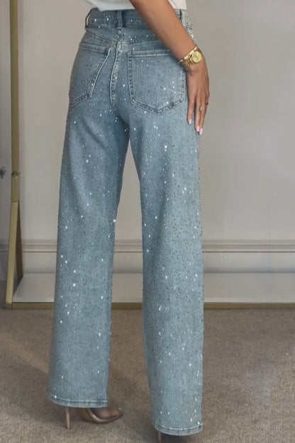 Rhinestone Washed High Waist Straight Jeans