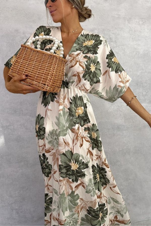 Retro V-neck Printed Short-sleeved Waist-length Maxi Dress