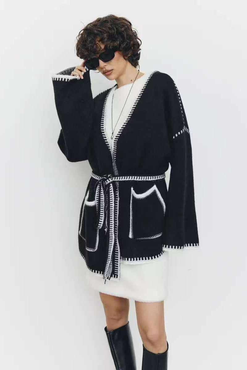 Tie Front Color Block Cardigan