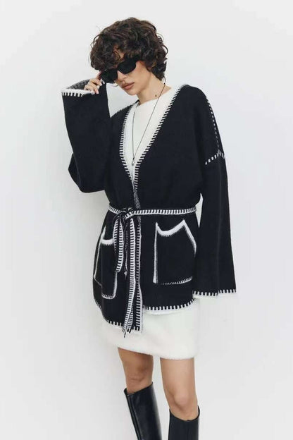 Tie Front Color Block Cardigan