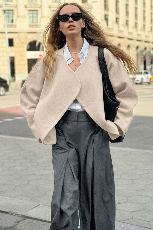 Khaki V Neck Asymmetric Wool Blend Coat